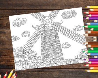 Page de coloriage Tonami Japon, feuille de coloriage de moulin à vent, page d'activité de voyage, page de livre de coloriage du Japon