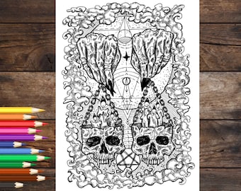 Página para colorir de caveira, página para colorir de bruxa, página de livro para colorir gótico assustador, página de livro para colorir para adultos, folhas para colorir