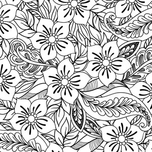 May include: Black and white line art illustration of a floral pattern with intricate details. The design features stylized flowers, leaves, and swirls.
