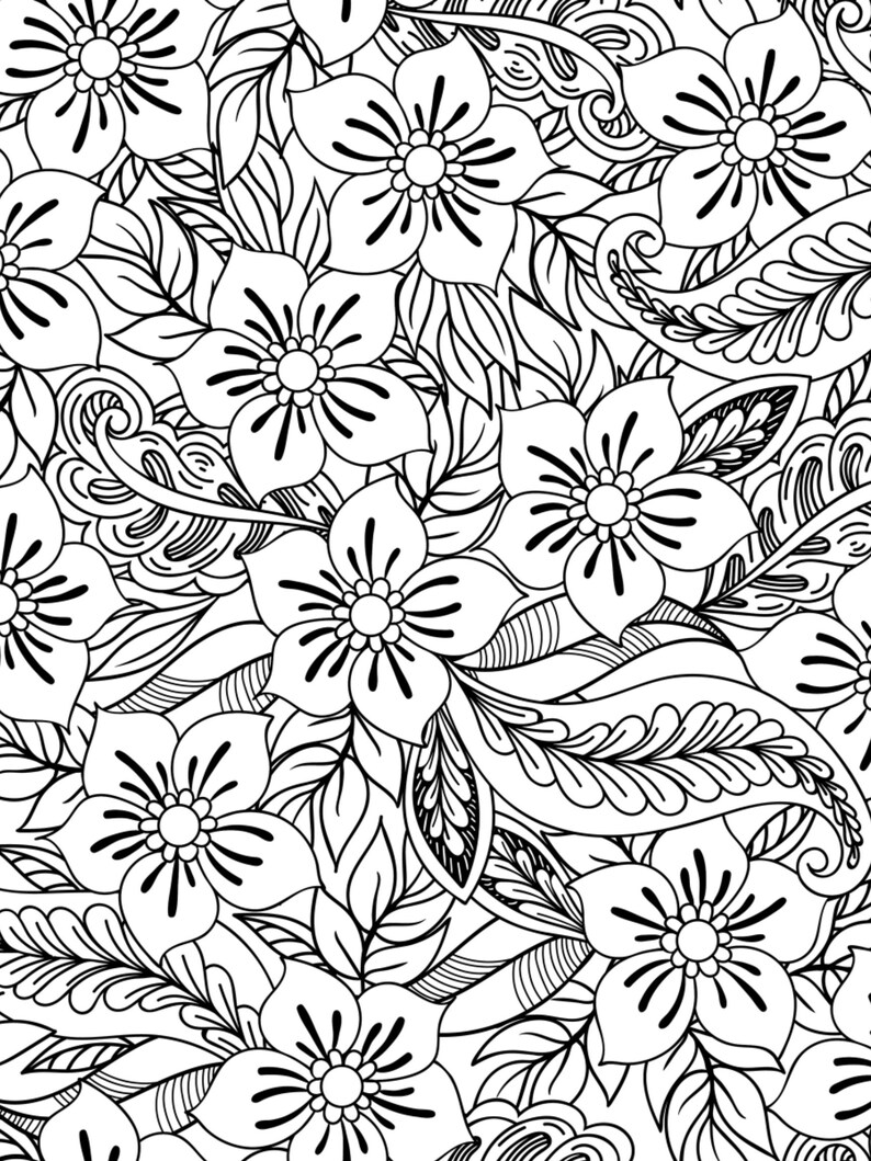 May include: Black and white line art illustration of a floral pattern with intricate details. The design features stylized flowers, leaves, and swirls.