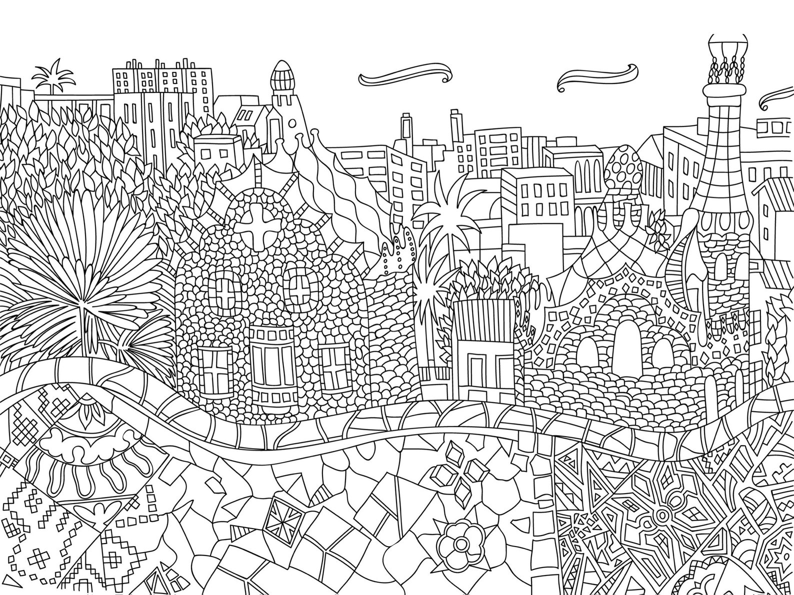 Barcelona Printable Coloring Page, Spain Travel Colouring Sheet, Adult ...