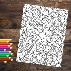 Kaleidoscope coloring sheet, downloadable coloring book page, geometric coloring book page for adults, stress relief coloring page