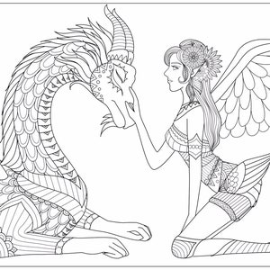 Fairy coloring Page, Dragon coloring Sheet, Printable Adult Coloring Page, Fairy Tale Coloring Book Page