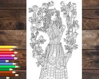 Princess coloring page, Fairy tale coloring sheet, downloadable coloring book printable page for all ages