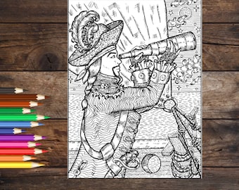 Página de libro para colorear pirata, hoja para colorear pirata, página para colorear capitán pirata, página para colorear adulto, hoja para colorear imprimible