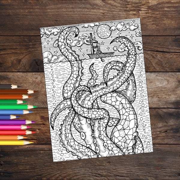 Kraken coloring page, Pirate coloring book page, colouring book page, printable coloring page, downloadable coloring book page