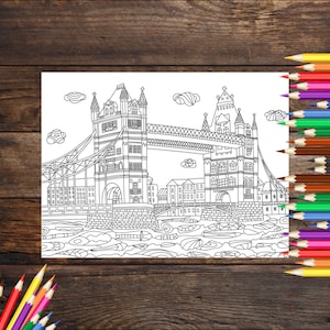 London England Malseite, Erwachsene Reise Malbuch Seite, druckbare Ausmalseite, Aktivität für Kinder, herunterladbare Malseite