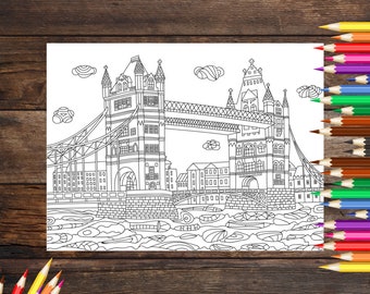 Pagina da colorare di Londra Inghilterra, Pagina di libro da colorare di viaggio per adulti, Pagina da colorare stampabile, Attività per bambini, Pagina da colorare scaricabile