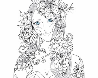Fairy Coloring Page, Fairy Tale Printable Adult Coloring Book Page, Nymph Coloring Sheet, Mermaid Coloring Book Page