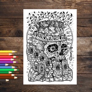 Skull coloring page, fantasy coloring book page, spooky printable coloring sheet, printable adult coloring page, coloring designs