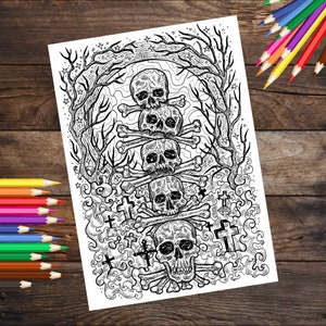 Skulls printable coloring page, spooky gothic Halloween pirate downloadable coloring sheet, skull art coloring book page for adults