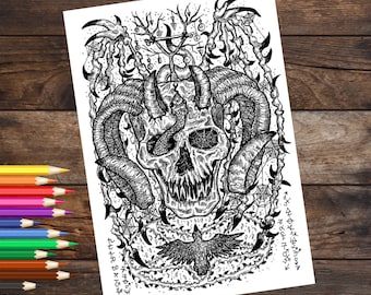 Skull coloring page, spooky coloring sheet, witchy coloring book page, downloadable coloring book page for adults