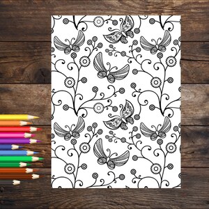 Butterfly design coloring page, nature coloring book page, printable butterfly coloring page, downloadable coloring sheet