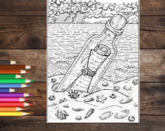 Pirate message in a bottle coloring page, Pirate coloring book page, downloadable adult coloring sheet, stress relief activity