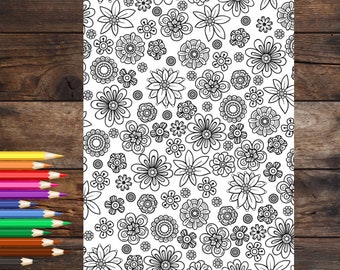 Floral coloring page, nature coloring book page, printable adult coloring book page, downloadable coloring sheet