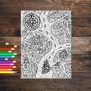 Page de coloriage de carte au trésor de pirate, page de livre de coloriage pour adultes imprimable, page de livre de coloriage de pirate, page de coloriage nautique
