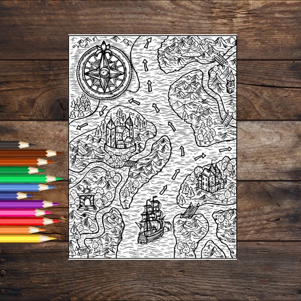 Pirate treasure map coloring page, printable adult coloring book page, Pirate coloring book page, Nautical coloring page