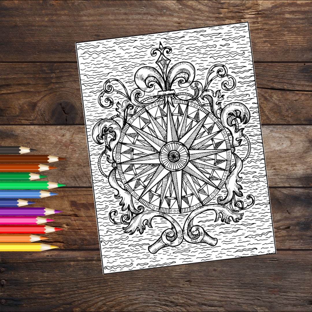 Nautical Pirate Compass Coloring Book Page Printable Coloring Etsy