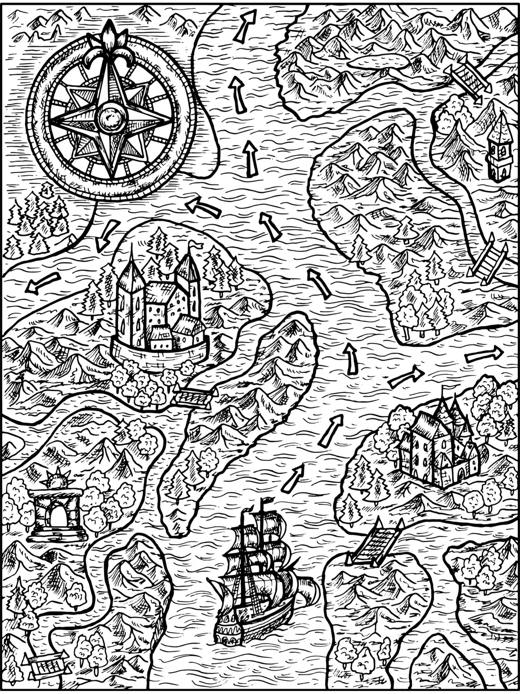 Pirate Treasure Map Coloring Page, Printable Adult Coloring Book Page