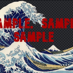 May include: A blue and white wave print with the word "SAMPLE" repeated three times in red.
