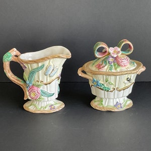 Vintage Sugar Bowl and Creamer Set Fitz & Floyd Woodland Spring Collection Majolica Style Lidded Sugar Bowl and Pitcher 1990s