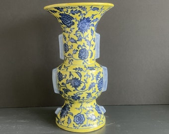 Vintage Asian Vase Yellow & Blue Vase Chinese Porcelain Underglaze Porcelain Asian Decorative Vase 12” HT