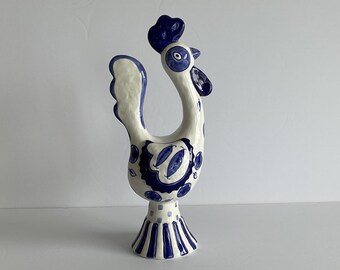 Vintage Rooster Farmhouse Art Ceramic Blue & White Hand Painted Rooster Kitchen Décor Country Cabin Home Accent 12" HT