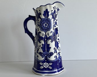 Ceramic Decorative Pitcher Blue & White Chinoiserie Vase Indoor Ornamental Jug Floral Arrangement 12” Ht.