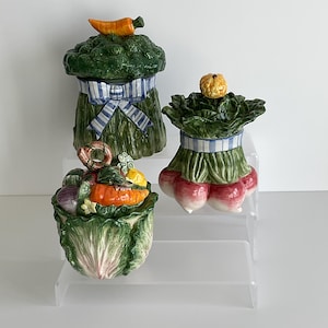 Vintage Canisters Fitz & Floyd Gardening Gourmet Vegetable Storage Containers 1990s Ceramic Cookie Jars Farmhouse Country Kitchen Decor