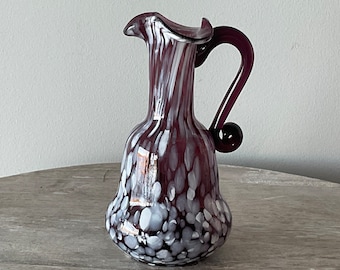 Vintage Murano Pitcher Hand Blown Amethyst Glass Art Vase Pontiff Mark 1980s Vintage Home Decor Swan Glass Handle White Spatter