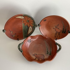 Pottery Serving Plates & Bowl Rustic Moose Plate Farmhouse Terracotta Floral Plate Cabin Bear Oval Bowl Forrest Setting Woodland Home Decor