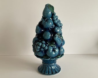 Vintage Topiary Sculpture Majolica Pottery Midcentury Fruit Topiary Moody Indigo Blue Inarco Ceramic Fruit Pottery Centerpiece 1960s