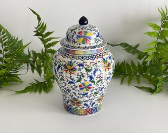 Polychrome Chinoiserie Lotus Ginger Jar – Ceramic, 8.25" Tall