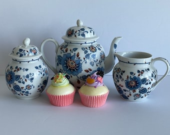 Vintage Tea Set Porcelain Lidded Teapot, Lidded Sugar Bowl & Creamer Pitcher Estée Lauder 1979 Porcelain Rose Collection