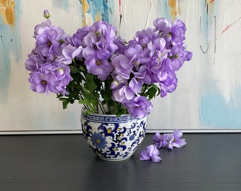 Ceramic Planter Blue & White Cachepot Chinoiserie Indoor Flowerpot Hand Painted Pot Zinnias Design Drainage Hole w/Plug