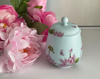 Celadon Blue Ceramic Lotus Jar: Hand-Painted Petite Chinese Ginger Jar 5" HT