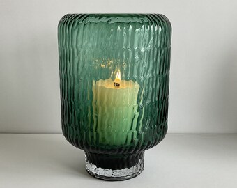 Glass Candleholder Emerald Green Ribbed Glass Handmade Decorative Pillar Candleholder Textured Glass