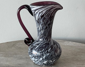 Vintage Murano Glass Pitcher Amethyst Artisan Hand-Blown Vase w/Swan Handle Dark Purple Glassware Pontiff Mark Glass Art 1980s