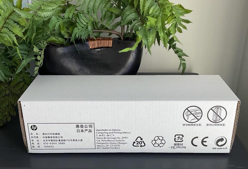 May include: A white HP printer box with text in multiple languages, including Japanese and Chinese. The box has various symbols and recycling information. A black planter with green plants is in the background.