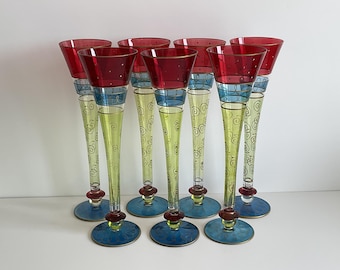 Hand-Painted Vintage Stemware Glasses: Eclectic Barware Set of 7