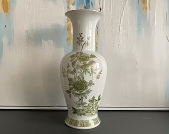 Vintage 1970s Vase Green and White Chinoiserie Porcelain Vase Hand Painted Peony Motif Lamp Vase 14” HT