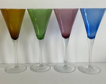 Vintage Wine Glasses Handmade Wine Stemware Colored V Shaped Conical Wine Goblets Set/4 Blue Green Purple Amber 1990s