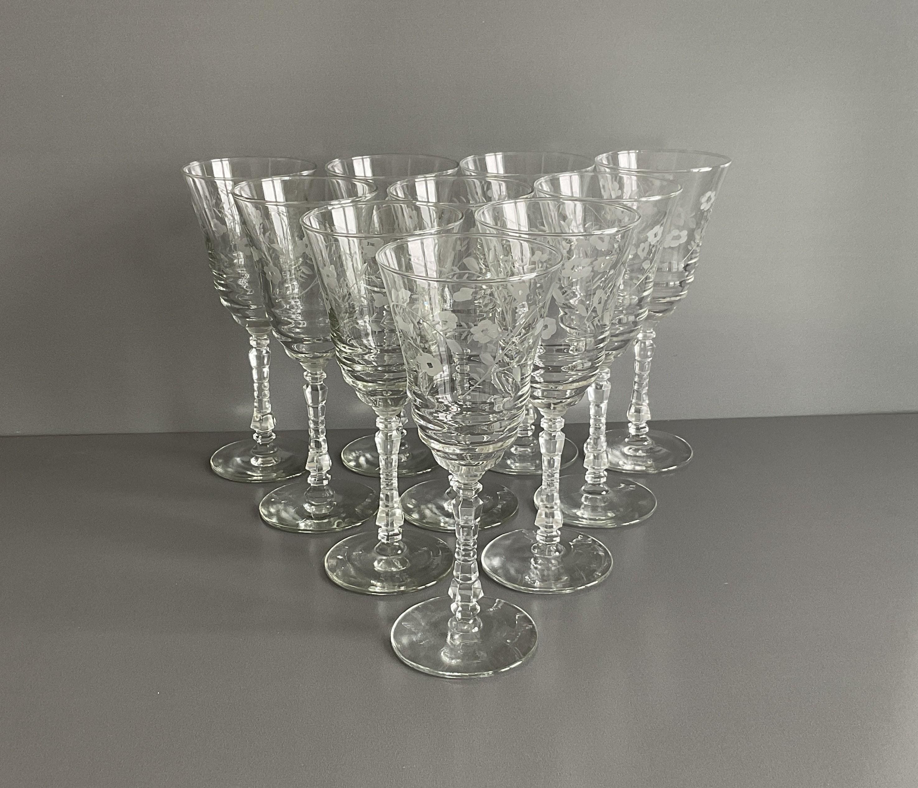 Vintage Wine Glasses Hand Blown Crystal Water Goblet Set of 10 Libbey Rock Sharpe Glassware Mid Century Barware Wedding 1930-50s