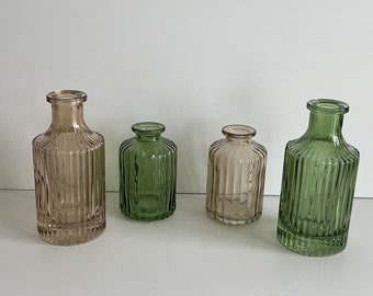 Ribbed Glass Vases Fluted Glass Bud Vase Decorative Diffuser Bottle Textured Surface Reeled Vases Set of Two 5.75” & 4” HT.