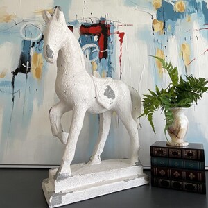 Vintage Rustic Horse Sculpture: Distressed White Polyresin Equestrian Statue 20"