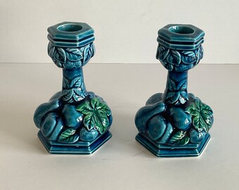 Vintage Candleholder Majolica Pottery Midcentury Fruit Candleholder Moody Indigo Blue Inarco Fruit Candlesticks Pottery Centerpiece 1960s