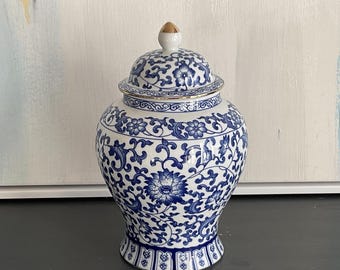 Blue & White Ceramic Ginger Jar: Small Chinoiserie Decor, Sealed Lid 7.5" H