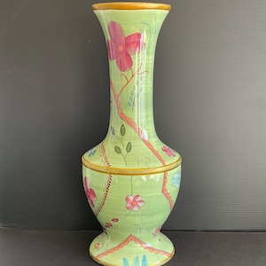 Vintage Vase Tracy Porter Hand-Painted Ceramic Home Decor Statement Piece 15&quot; Tall Sage Green Multicolor Florals & Gold Accents