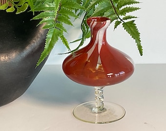 Vintage Hand Blown Art Glass Bud Vase: Red Amber Swirl, Twisted Stem