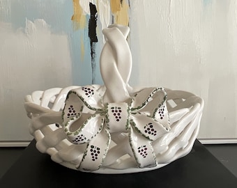 Vintage Ceramic Basket White Woven Lattice Basket Flowerpot Planter Pot Reticulated Berardos Decorative Basket Portugal 1990s